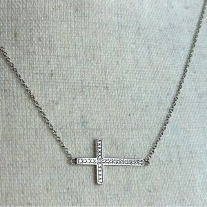 925 Silver Sideways Cross Necklace Dainty Clear Crystals Circle Link Chain 18"L
